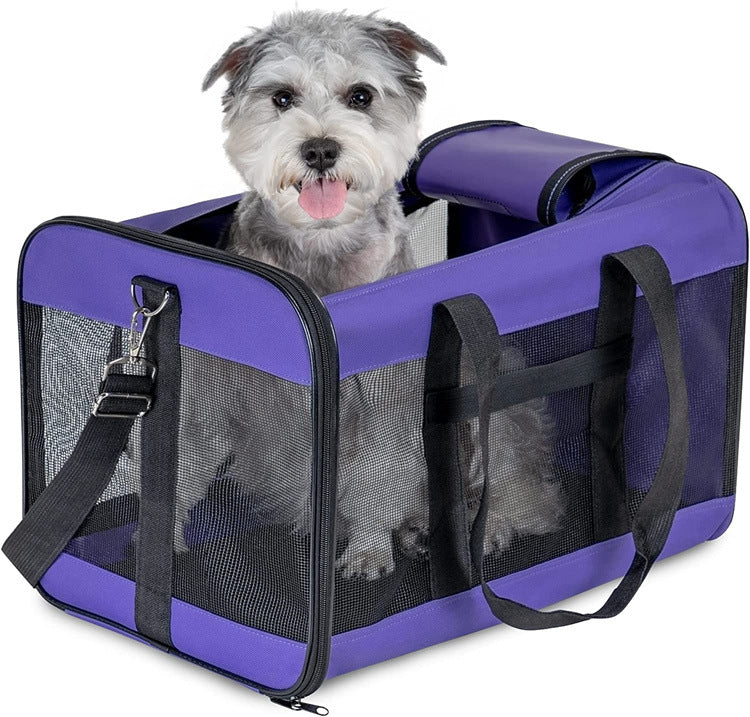 Dog Cat Carriers Bags featuring a small dog in a purple carrier bag with mesh sides for ventilation.